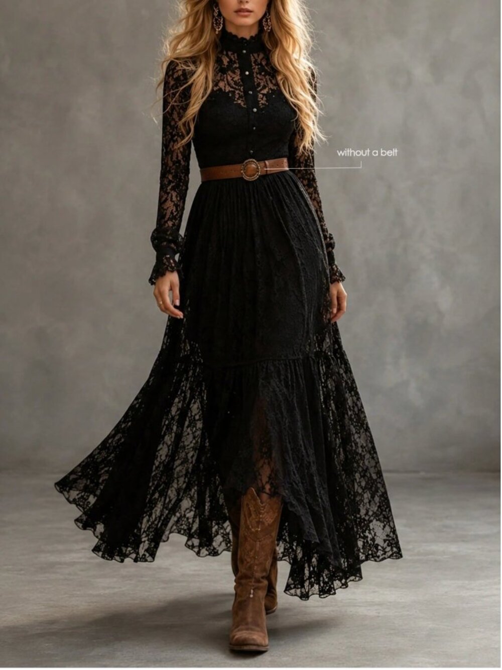 Victorian Black Lace Maxi Dress High Neck Long Sleeve Gothic Boho Gown - Picture 2 of 13